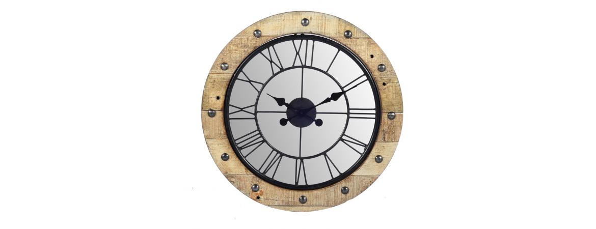 Teak Wooden Clock with Mirror (Diam.: 76cm x Depth: 10cm)