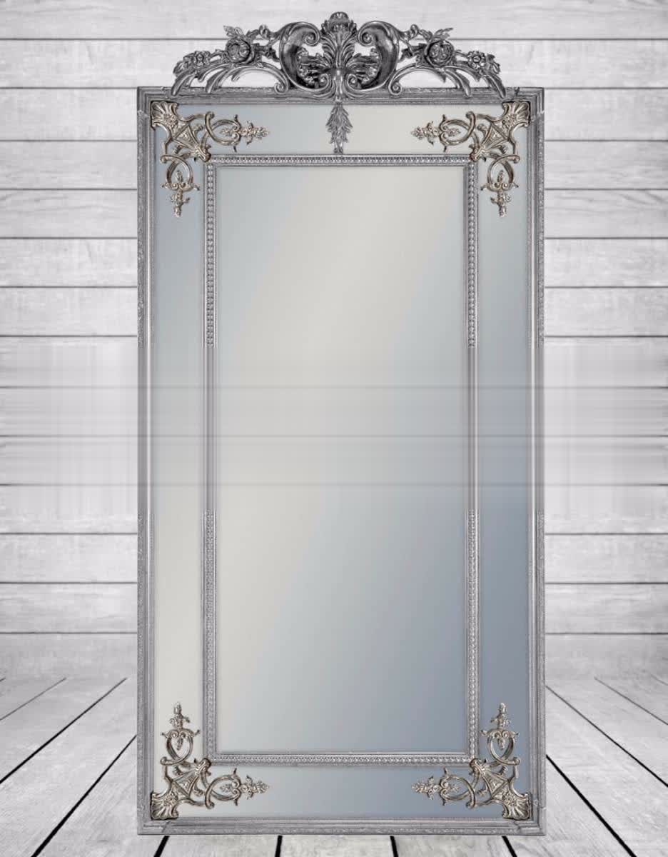 Tall Silver French Mirror With Crest (H:183cm x W:91cm x D:6cm)