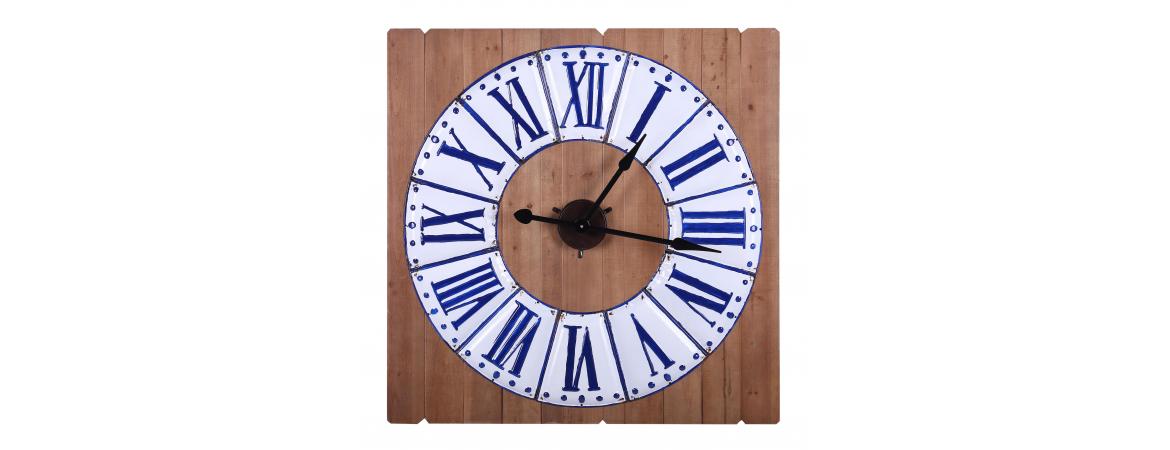 Square Blue and White Clock on Wooden Paneling (H:91.4cm x W:91.5cm x D:9.2cm)