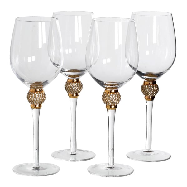 Set of 4 Gold Diamante White Wine Glasses