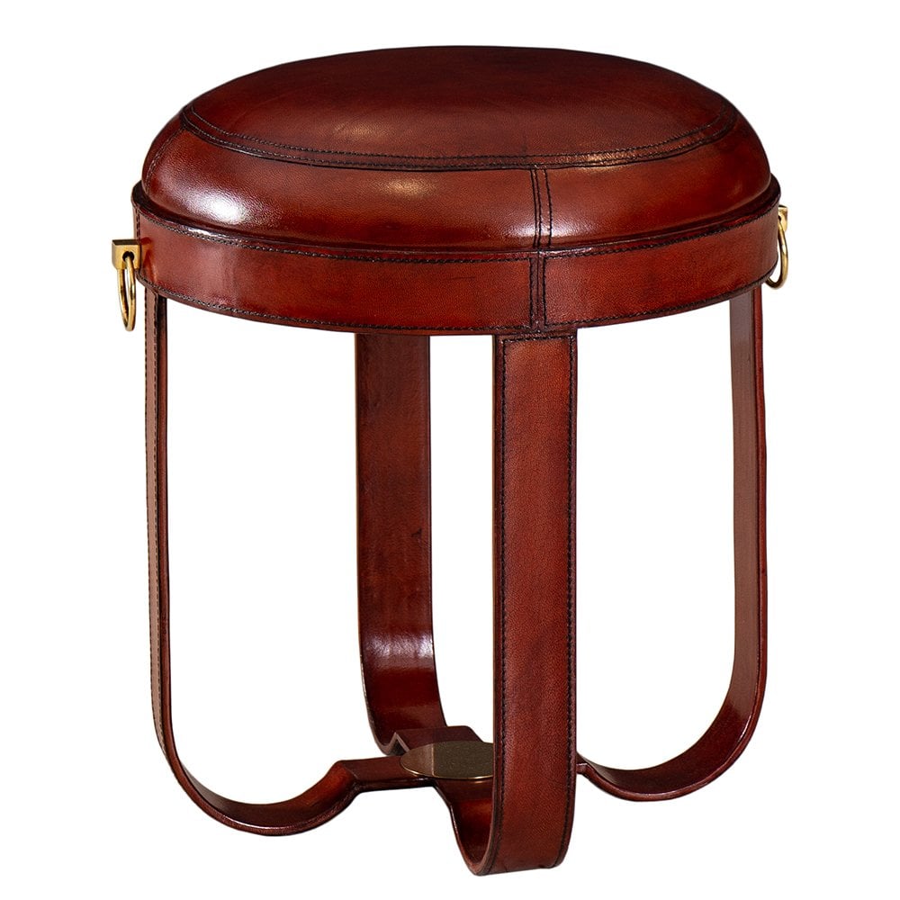 Luxury Handcrafted Leather Round Low Level Padded Stool Cognac (H:55cm x W:43cm x L:43cm)