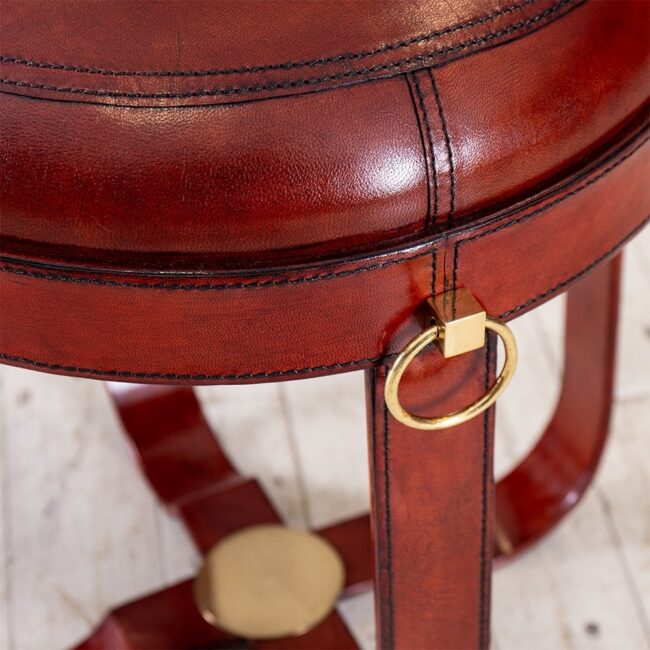 Luxury Handcrafted Leather Round Low Level Padded Stool Cognac