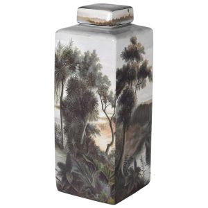 Large Ceramic Palm Tree and Heron Lidded Jar