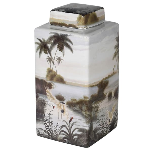 Medium Ceramic Palm Tree and Heron Lidded Jar