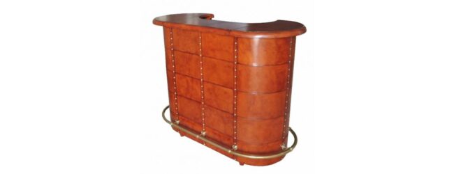 Handcrafted Leather & Brass Rounded Bar Counter - Cognac