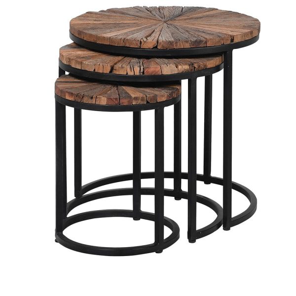 Set of 3 Natural Reclaimed Wood Round Side Tables (Large – H:460mm x Dia:450mm, Medium – H:415mm x Dia:380mm, Small – H:360mm x D280mm)