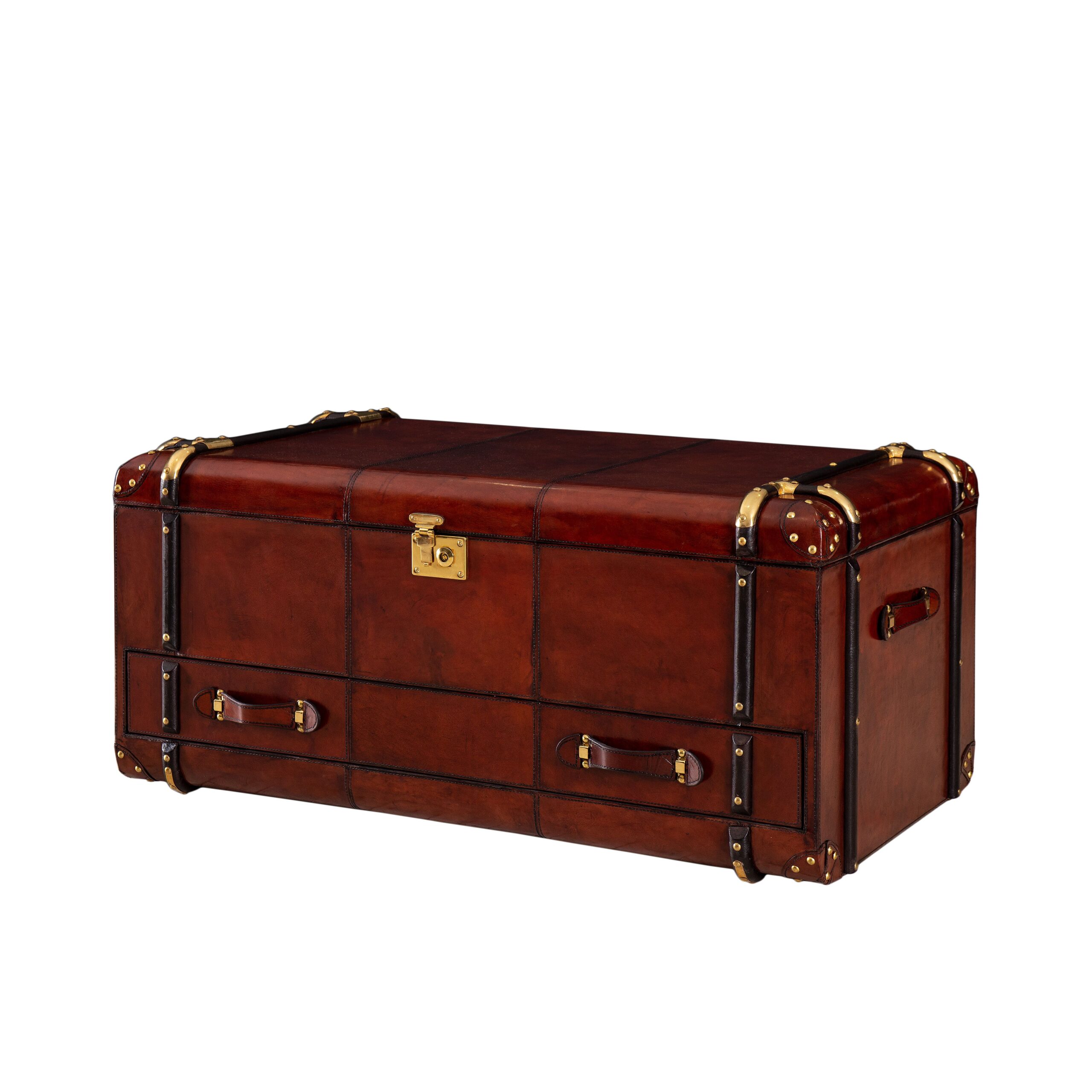 Handcrafted Leather & Brass Coffee Table Trunk With Drawer – Cognac(H:110 x W: 61 x D:50cm)