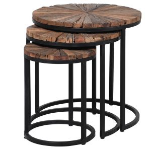 Set of 3 Natural Reclaimed Wood Round Side Tables (Large - H:460mm x Dia:450mm, Medium - H:415mm x Dia:380mm, Small - H:360mm x D280mm)