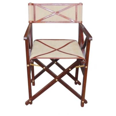 Hancrafted Wooden Canvas Leather Brass Director Chair Cognac (L:52.5cm x W:49cm x H:88cm)