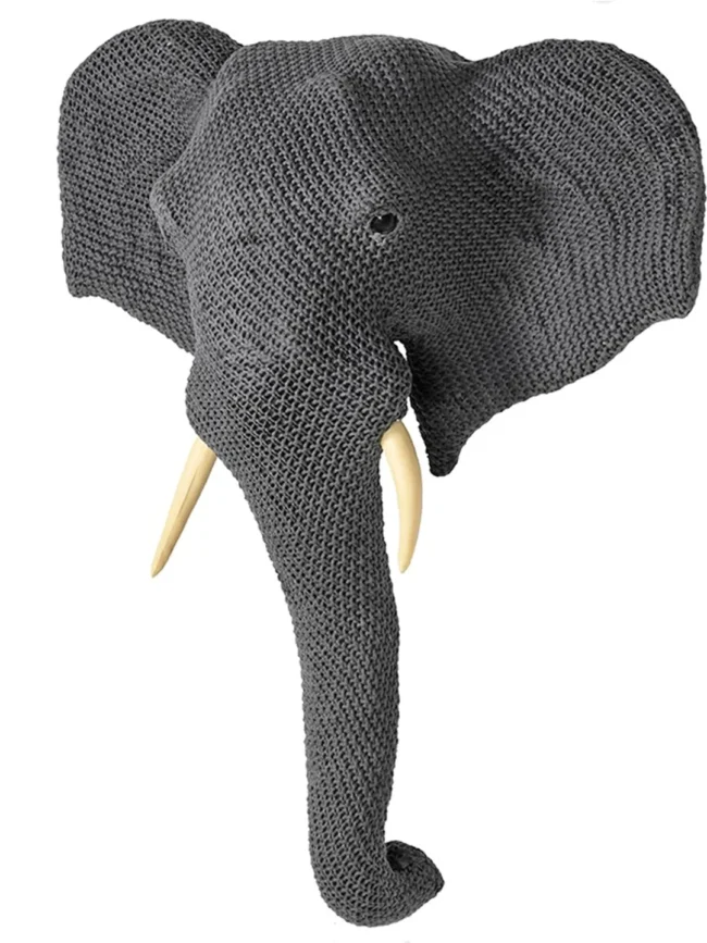 Large Knitted Grey Elephant Head Wall Mount