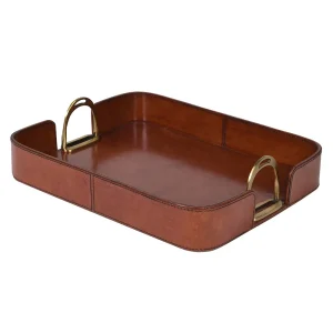Rectangular Leather Tray with Stirrup Handles