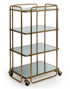 Antique Gold/Bronze Leaf Metal Bar Trolley with Mirror Shelves