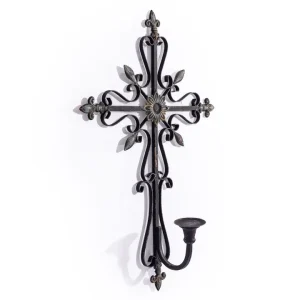 Antique Black Gothic Cross Wall-Mounted Candle Holder D: Width: 41.5cm  Height: 61cm  Depth: 14.5cm