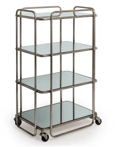 Antique Silver/Champagne Leaf Metal Bar Trolley with Mirror Shelves D: Width:	52cm  Height: 90cm  Depth: 37.5cm