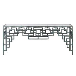 Verdigris Glass Top Geometric Console Table Dimensions: H:810 W:1900 D:430 mm.