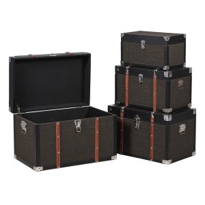 Set of 4 Wood Trim Black Trunks Largest Trunk: H: 360 W: 540 D: 355mm.  Large Trunk: H: 310 W: 480 D: 300mm.  Medium Trunk: H: 260 W: 430 D: 250mm.