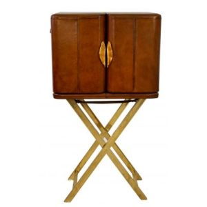 Handcrafted Leather & Brass Bar with Stand - Cognac D:69 x 51.5 x 53.5